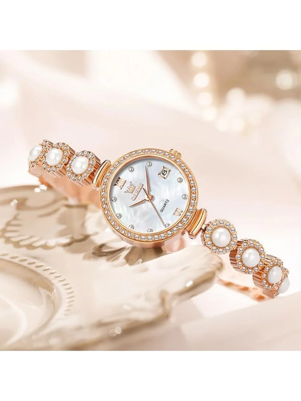 Women's Rose Gold Silver Analog Quartz Diamond Round Dial Pearl Bracelet Watch